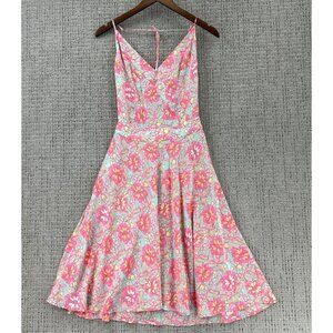 Kulson Dress Womens 36 Pink Mint Green Fit & Flare Floral Silk Open Back V-Neck